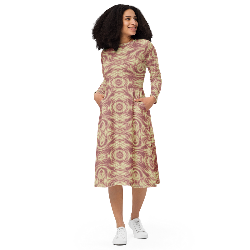 Product name: Recursia Tie-Dye Overdrive IV Long Sleeve Midi Dress In Pink. Keywords: Clothing, Long Sleeve Midi Dress, Print: Tie-Dye Overdrive, Women's Clothing