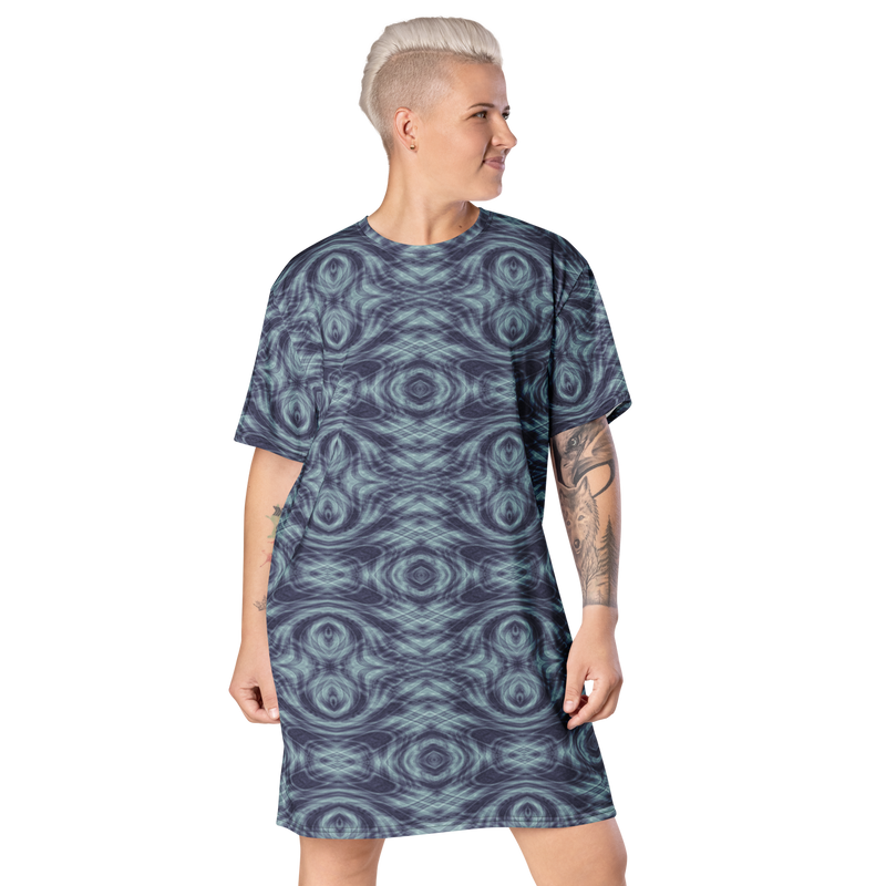 Product name: Recursia Tie-Dye Overdrive IV T-Shirt Dress In Blue. Keywords: Clothing, T-Shirt Dress, Print: Tie-Dye Overdrive, Women's Clothing