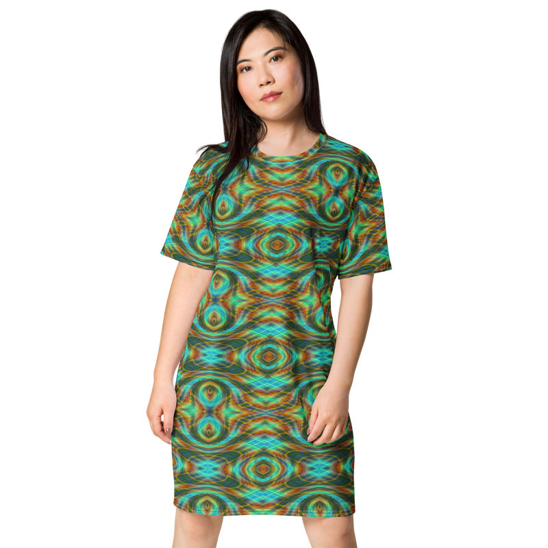 Product name: Recursia Tie-Dye Overdrive IV T-Shirt Dress. Keywords: Clothing, T-Shirt Dress, Print: Tie-Dye Overdrive, Women's Clothing