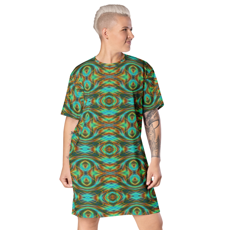 Product name: Recursia Tie-Dye Overdrive IV T-Shirt Dress. Keywords: Clothing, T-Shirt Dress, Print: Tie-Dye Overdrive, Women's Clothing