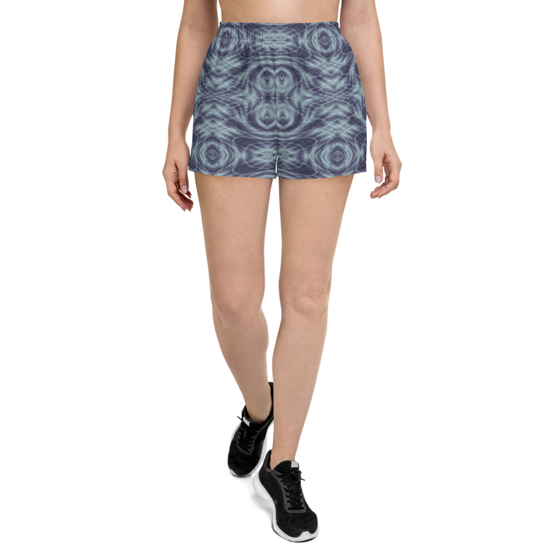 Product name: Recursia Tie-Dye Overdrive Women's Athletic Short Shorts In Blue. Keywords: Athlesisure Wear, Clothing, Men's Athletic Shorts, Print: Tie-Dye Overdrive