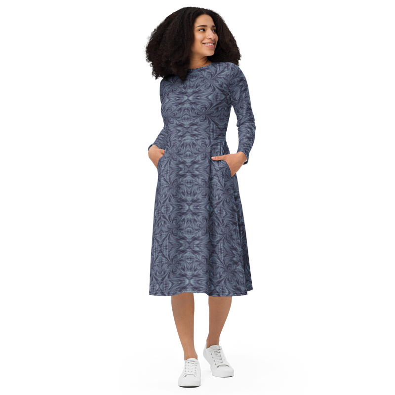 Product name: Recursia Tie-Dye Overdrive I Long Sleeve Midi Dress In Blue. Keywords: Clothing, Long Sleeve Midi Dress, Print: Tie-Dye Overdrive, Women's Clothing