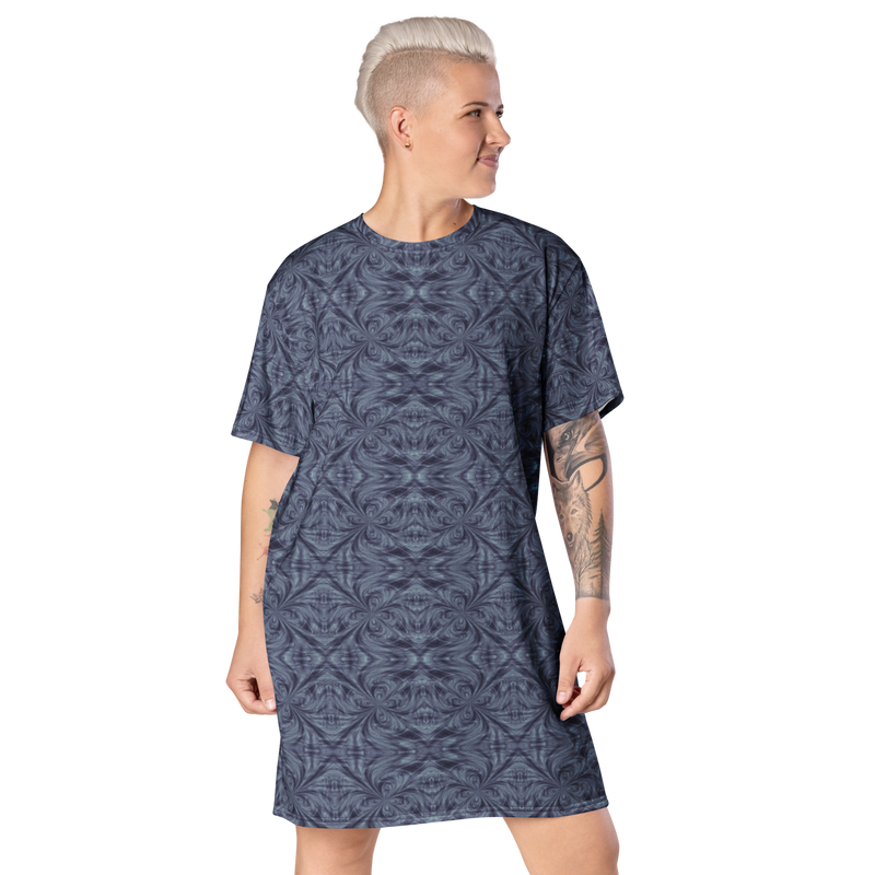 Product name: Recursia Tie-Dye Overdrive I T-Shirt Dress In Blue. Keywords: Clothing, T-Shirt Dress, Print: Tie-Dye Overdrive, Women's Clothing