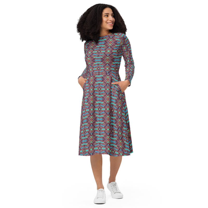 Product name: Recursia Tie-Dye Overdrive Long Sleeve Midi Dress. Keywords: Clothing, Long Sleeve Midi Dress, Print: Tie-Dye Overdrive, Women's Clothing