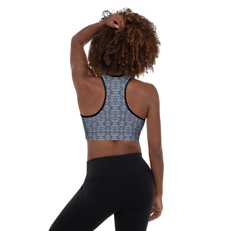 Product name: Recursia Tie-Dye Overdrive IV Padded Sports Bra In Blue. Keywords: Athlesisure Wear, Clothing, Padded Sports Bra, Print: Tie-Dye Overdrive, Women's Clothing