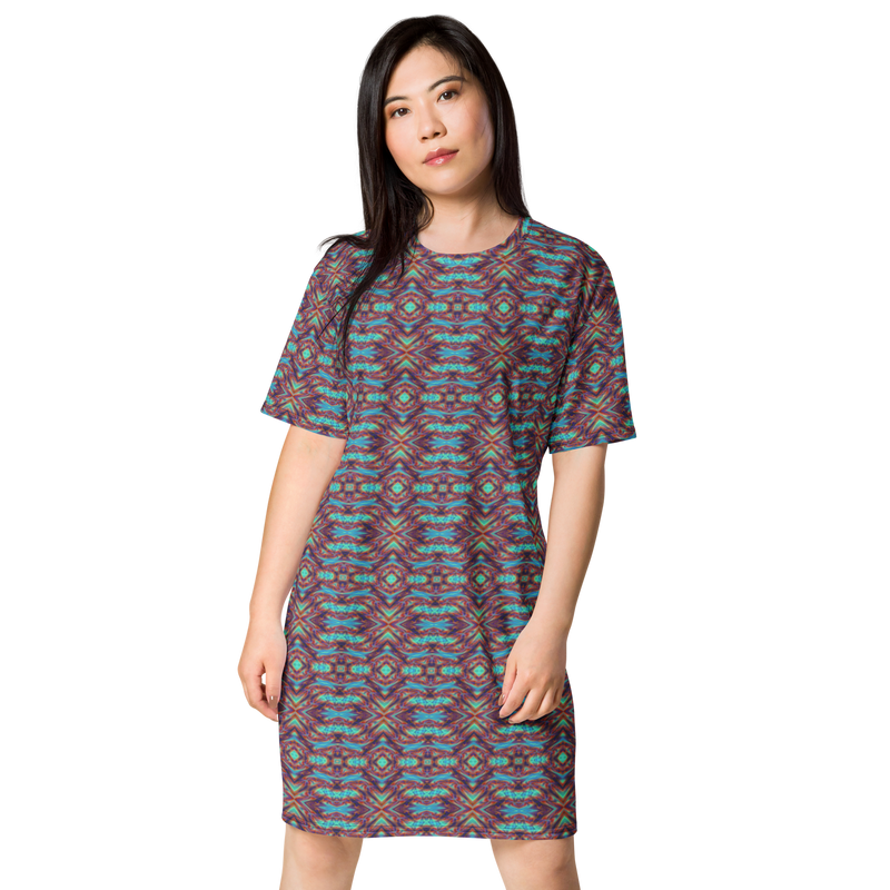 Product name: Recursia Tie-Dye Overdrive T-Shirt Dress. Keywords: Clothing, T-Shirt Dress, Print: Tie-Dye Overdrive, Women's Clothing