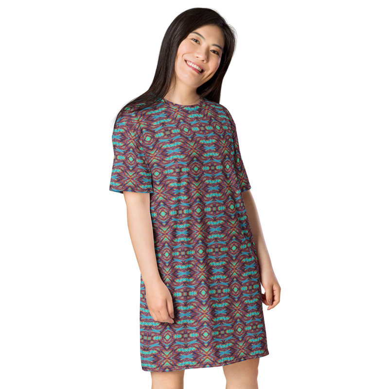 Product name: Recursia Tie-Dye Overdrive T-Shirt Dress. Keywords: Clothing, T-Shirt Dress, Print: Tie-Dye Overdrive, Women's Clothing