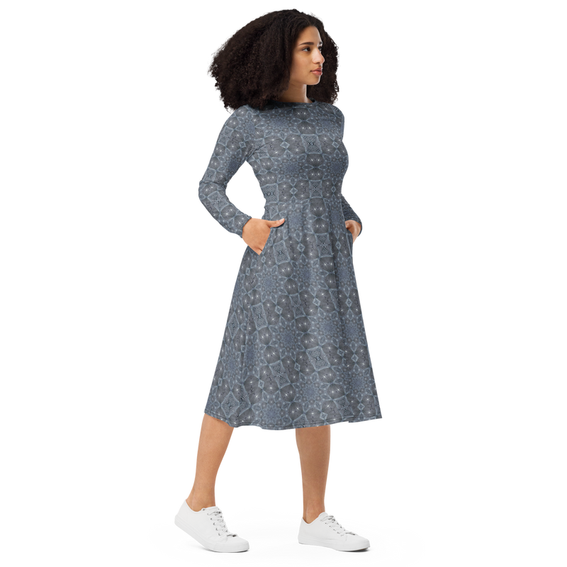 Product name: Recursia Zebrallusions II Long Sleeve Midi Dress In Blue. Keywords: Clothing, Long Sleeve Midi Dress, Women's Clothing, Print: Zebrallusions