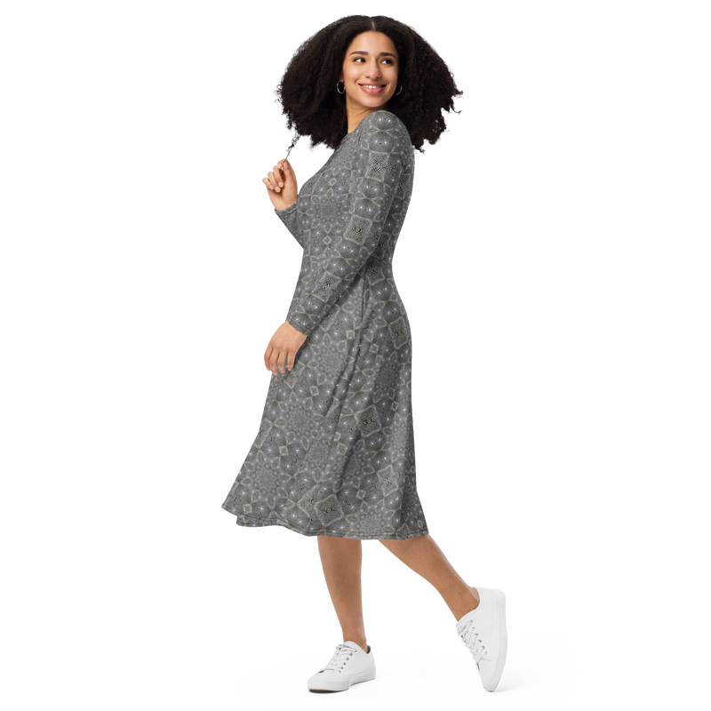 Product name: Recursia Zebrallusions II Long Sleeve Midi Dress. Keywords: Clothing, Long Sleeve Midi Dress, Women's Clothing, Print: Zebrallusions