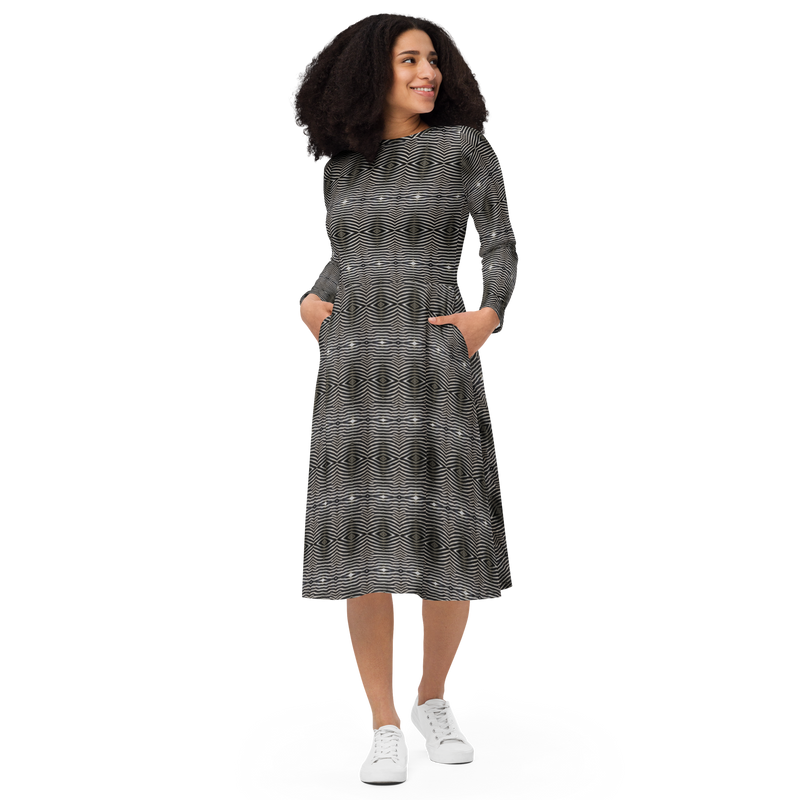Product name: Recursia Zebrallusions I Long Sleeve Midi Dress. Keywords: Clothing, Long Sleeve Midi Dress, Women's Clothing, Print: Zebrallusions