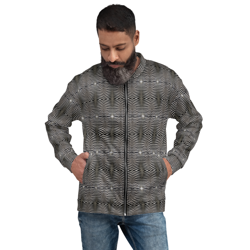 Product name: Recursia Zebrallusions I Men's Bomber Jacket. Keywords: Clothing, Men's Bomber Jacket, Men's Clothing, Men's Tops, Print: Zebrallusions