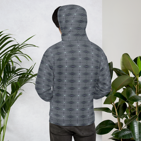 Product name: Recursia Zebrallusions I Men's Hoodie In Blue. Keywords: Athlesisure Wear, Clothing, Men's Athlesisure, Men's Clothing, Men's Hoodie, Men's Tops, Print: Zebrallusions