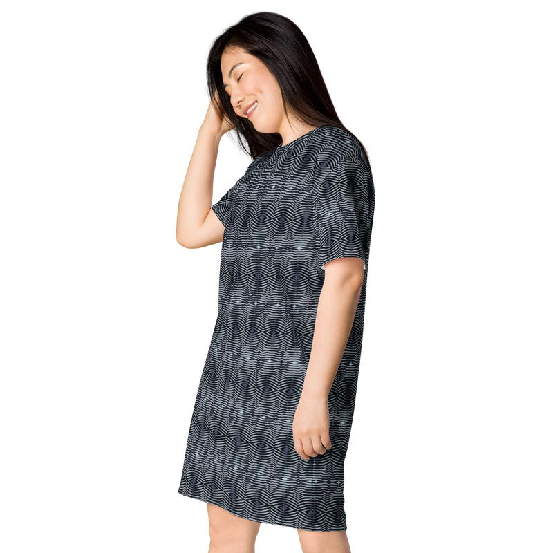 Product name: Recursia Zebrallusions I T-Shirt Dress In Blue. Keywords: Clothing, T-Shirt Dress, Women's Clothing, Print: Zebrallusions