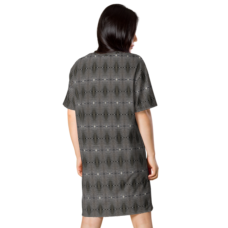 Product name: Recursia Zebrallusions I T-Shirt Dress. Keywords: Clothing, T-Shirt Dress, Women's Clothing, Print: Zebrallusions