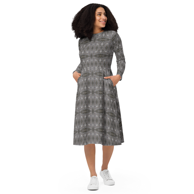 Product name: Recursia Zebrallusions Long Sleeve Midi Dress. Keywords: Clothing, Long Sleeve Midi Dress, Women's Clothing, Print: Zebrallusions