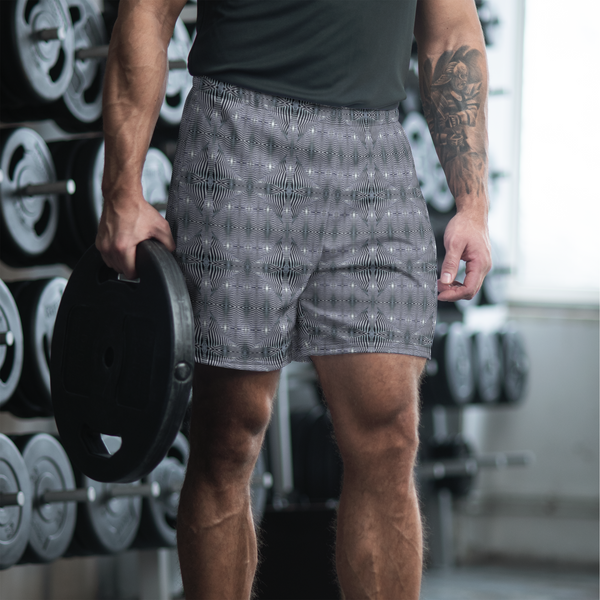 Product name: Recursia Zebrallusions II Men's Athletic Shorts In Blue. Keywords: Athlesisure Wear, Clothing, Men's Athlesisure, Men's Athletic Shorts, Men's Clothing, Print: Zebrallusions
