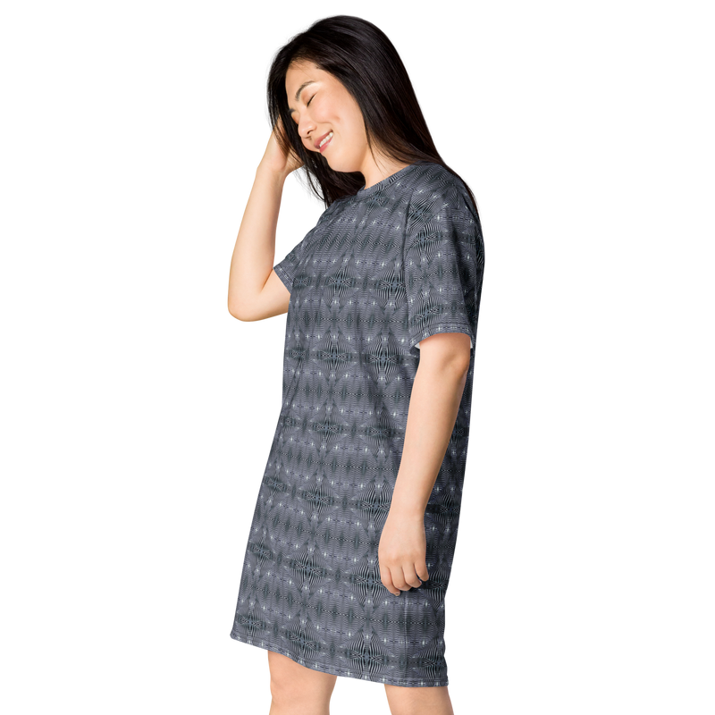 Product name: Recursia Zebrallusions T-Shirt Dress In Blue. Keywords: Clothing, T-Shirt Dress, Women's Clothing, Print: Zebrallusions